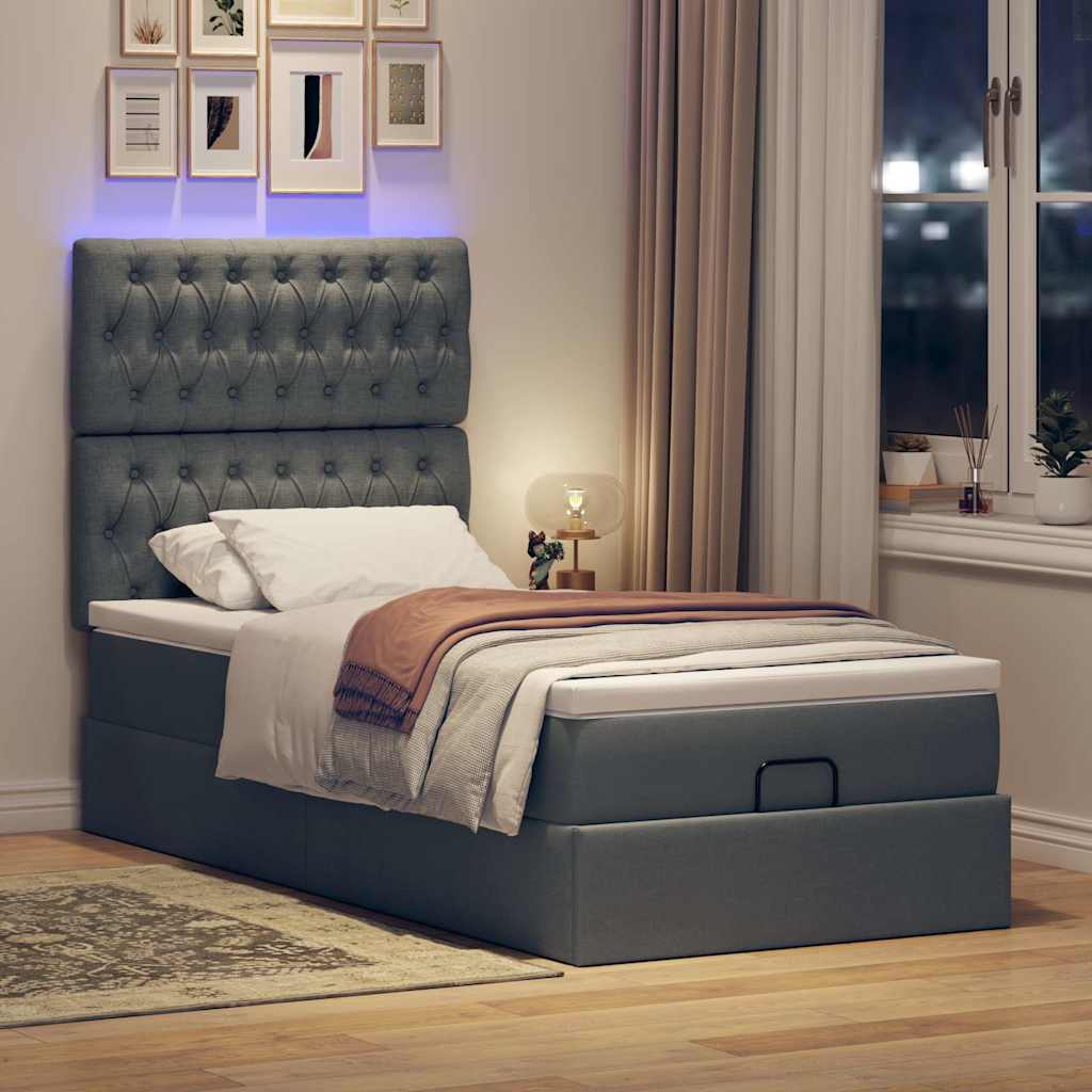 Osmanų lova su čiužiniu ir LED, tamsiai pilkas 90x200cm audinys